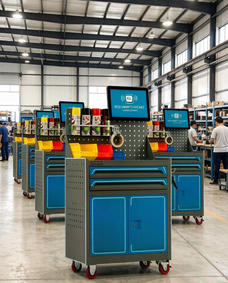 RFID-enabled smart auto repair <a href=https://industrial.rfid-life.com/RFID-Tool-Cart.html target='_blank'>tool cart</a>, RFID-enabled smart hardware repair hand box, RFID-enabled multi-functional mobile heavy-duty tool cabinet for fitter's workshop.